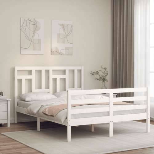 Okvir za krevet s uzglavljem bijeli 140x200 cm od masivnog drva - Bijela 140 x 200 cm Cijena