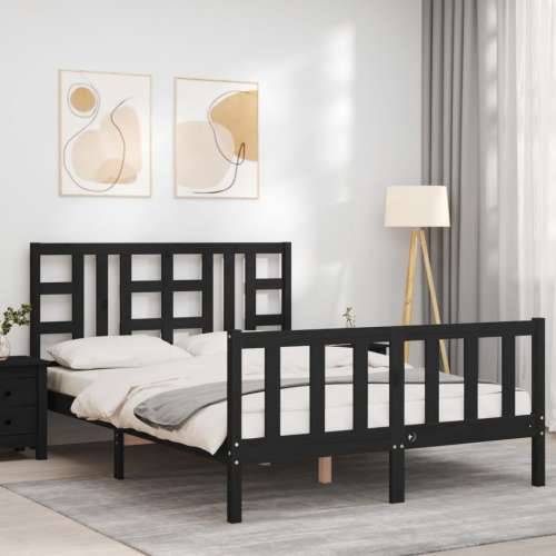 Okvir kreveta s uzglavljem crni 140 x 190 cm od masivnog drva - Crna 140 x 190 cm Cijena