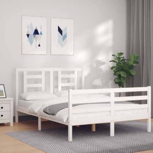Okvir kreveta s uzglavljem bijeli 140 x 190 cm od masivnog drva - Bijela 140 x 190 cm Cijena