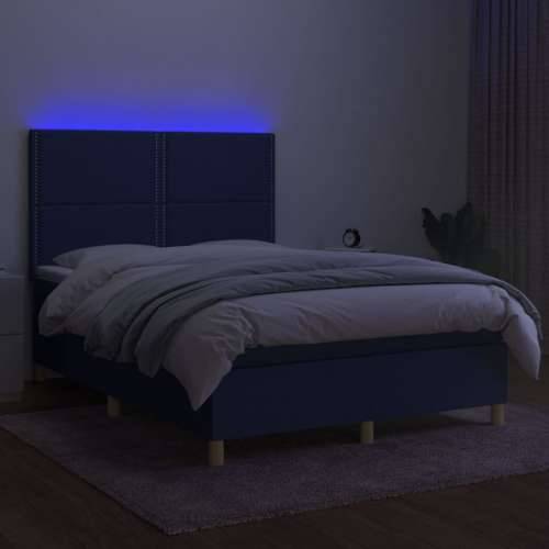 Krevet box spring s madracem LED plavi 140x190 cm od tkanine - Plava 140 x 190 cm Obično s čavlima Cijena