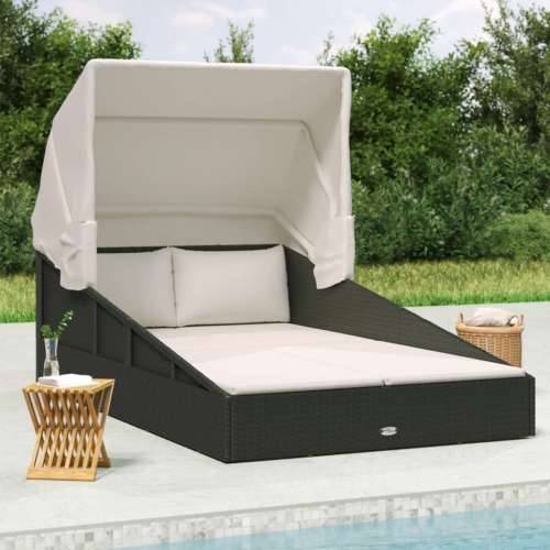 Ležaj za sunčanje s krovom crni 200 x 114 x 128 cm poliratan - Crna Cijena