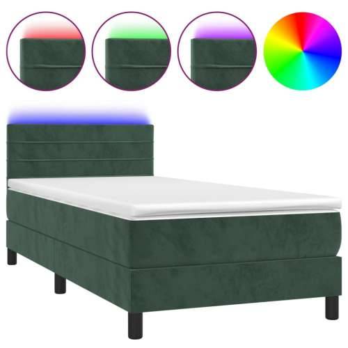 Krevet box spring s madracem LED tamnozeleni 90x190 cm baršun - Tamnozelena 90 x 190 cm vodoravne pruge Cijena