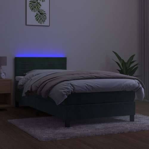 Krevet box spring s madracem LED tamnozeleni 90x190 cm baršun - Tamnozelena 90 x 190 cm vodoravne pruge Cijena