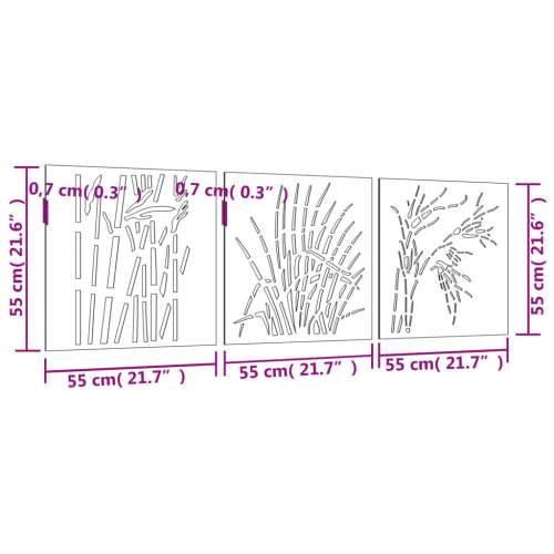 Vrtni zidni ukrasi 3 kom 55 x 55 cm čelik COR-TEN uzorak trave Cijena