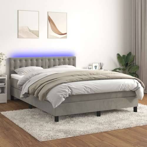 Krevet box spring s madracem LED svjetlosivi 140x190 cm baršun - Svjetlosiva 140 x 190 cm gumbi Cijena