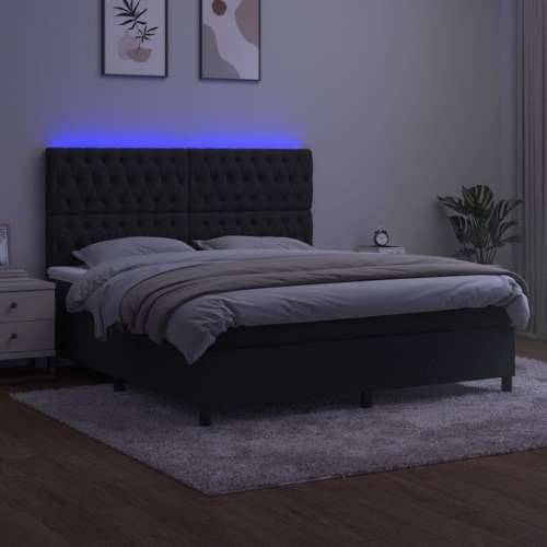 Krevet box spring s madracem LED crni 160x200 cm baršun - Crna 160 x 200 cm Dizajn s gumbima Cijena