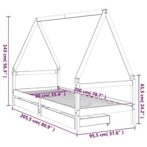 Okvir za dječji krevet s ladicama 90x200 cm od masivne borovine - Prirodna 90 x 200 cm Cijena