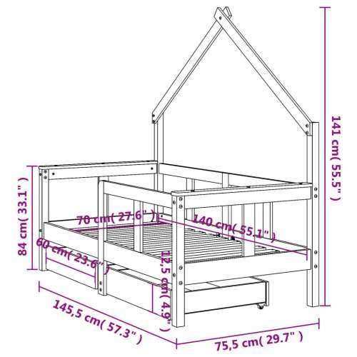 Okvir za dječji krevet s ladicama 70x140 cm od masivne borovine - Prirodna 70 x 140 cm Cijena
