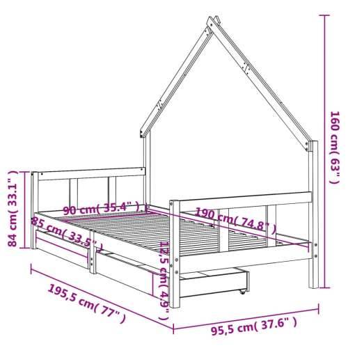 Okvir za dječji krevet s ladicama bijeli 90x190 cm od borovine - Bijela 90 x 190 cm Cijena
