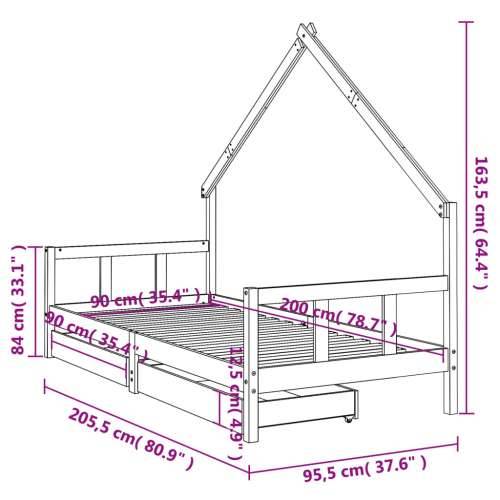 Okvir za dječji krevet s ladicama 90x200 cm od masivne borovine - Prirodna 90 x 200 cm Cijena