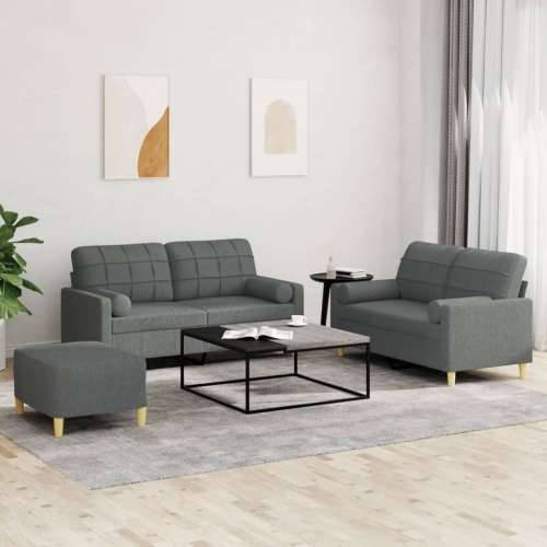3-dijelni set sofa s jastucima tamnosivi od tkanine - Tamno siva s jastucima i tabureom Cijena