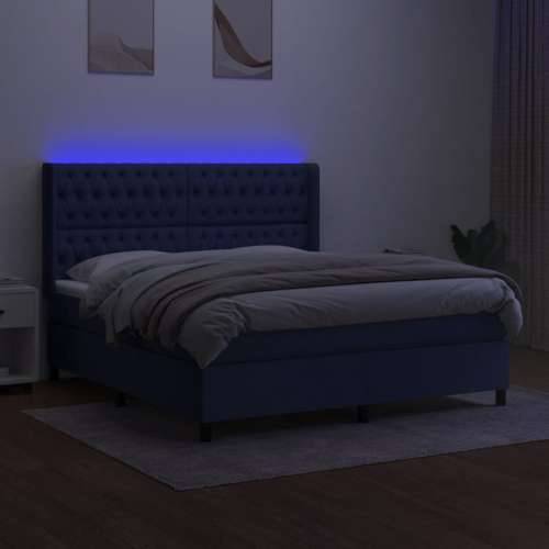 Krevet box spring s madracem LED plavi 180x200 cm od tkanine - Plava 180 x 200 cm Dizajn s gumbima Cijena