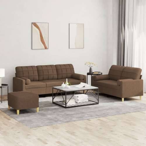 3-dijelni set sofa s jastucima smeđi od tkanine - Smeđa s jastucima i tabureom Cijena