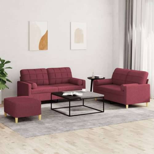 3-dijelni set sofa s jastucima crvena boja vina od tkanine - boja crnog vina s jastucima i tabureom Cijena