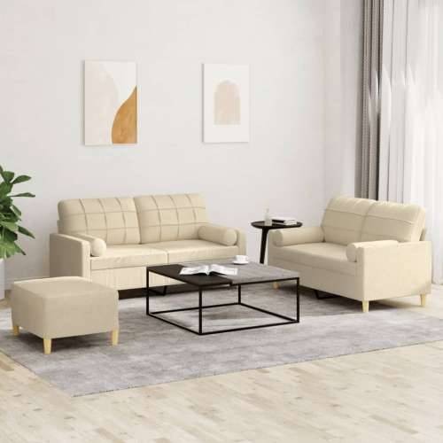 3-dijelni set sofa s jastucima krem od mikrovlakana - Krema s jastucima i tabureom Cijena