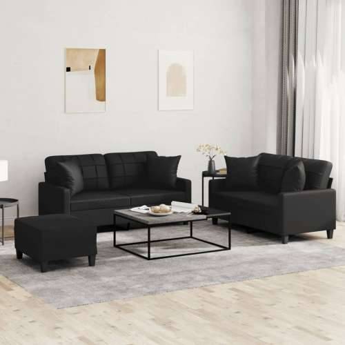 3-dijelni set sofa s jastucima crna od umjetne kože - Crna s jastucima i tabureom Cijena