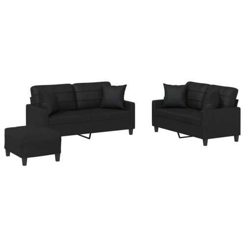 3-dijelni set sofa s jastucima crna od umjetne kože - Crna s jastucima i tabureom Cijena