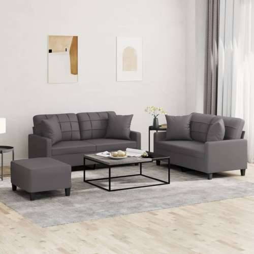 3-dijelni set sofa s jastucima sivi od umjetne kože - Siva s jastucima i tabureom Cijena