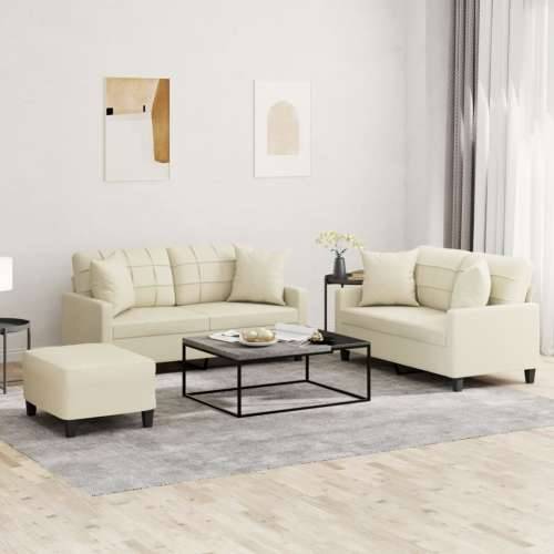 3-dijelni set sofa s jastucima krem od umjetne kože - Krema s jastucima i tabureom Cijena
