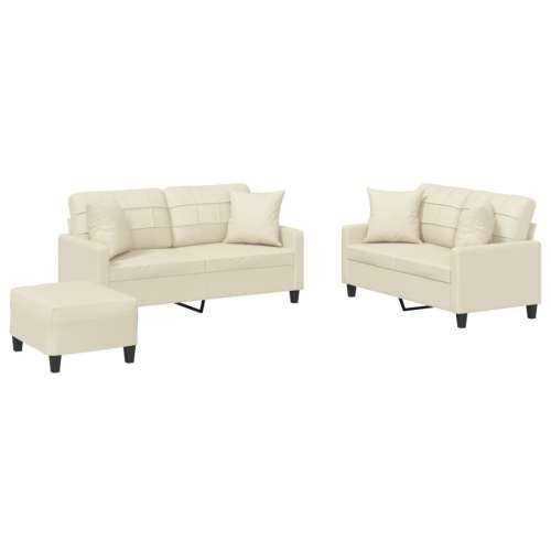 3-dijelni set sofa s jastucima krem od umjetne kože - Krema s jastucima i tabureom Cijena