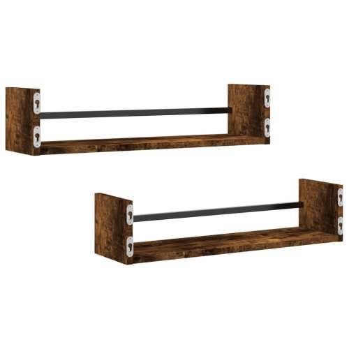 Zidne police s prečkama 2 kom dimljena boja hrasta 60x16x14 cm - Dimljeni hrast 60 x 16 x 14 cm 2 1 Cijena