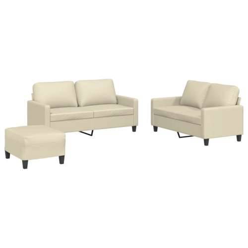 3-dijelni set sofa s jastucima krem od umjetne kože - Krema s jastučićima i tabureom Cijena