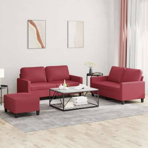 3-dijelni set sofa s jastucima boja vina od umjetne kože - boja crnog vina s jastučićima i tabureom Cijena