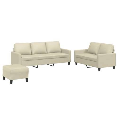 3-dijelni set sofa s jastucima krem od umjetne kože - Krema s jastučićima i tabureom Cijena