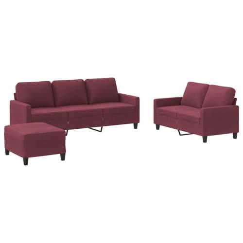 3-dijelni set sofa s jastucima crvena boja vina od tkanine - boja crnog vina s jastučićima i tabureom Cijena