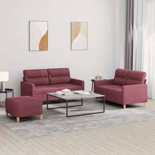3-dijelni set sofa s jastucima crvena boja vina od tkanine - boja crnog vina s jastučićima i tabureom Cijena