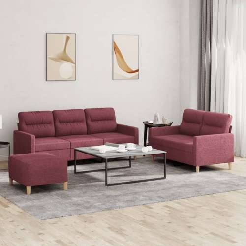 3-dijelni set sofa s jastucima crvena boja vina od tkanine - boja crnog vina s jastučićima i tabureom Cijena