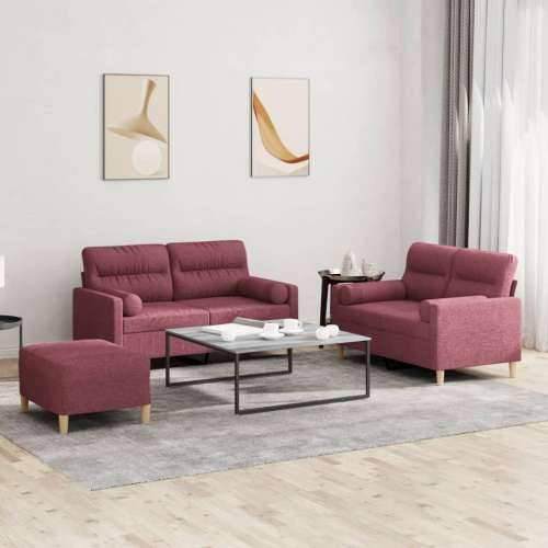 3-dijelni set sofa s jastucima crvena boja vina od tkanine - boja crnog vina s jastucima i tabureom Cijena