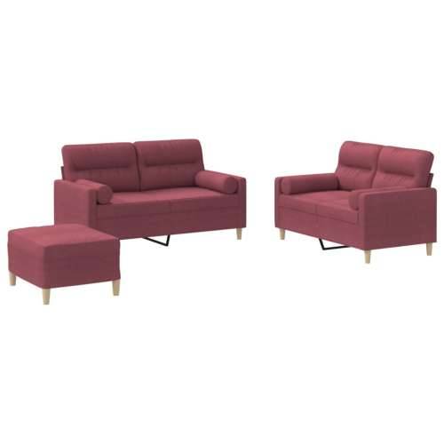 3-dijelni set sofa s jastucima crvena boja vina od tkanine - boja crnog vina s jastucima i tabureom Cijena