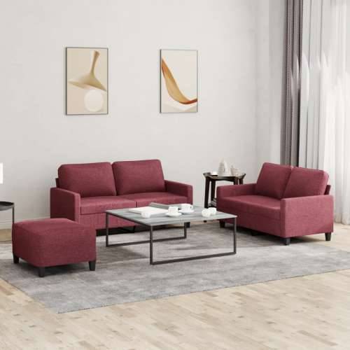 3-dijelni set sofa s jastucima crvena boja vina od tkanine - boja crnog vina s jastučićima i tabureom Cijena
