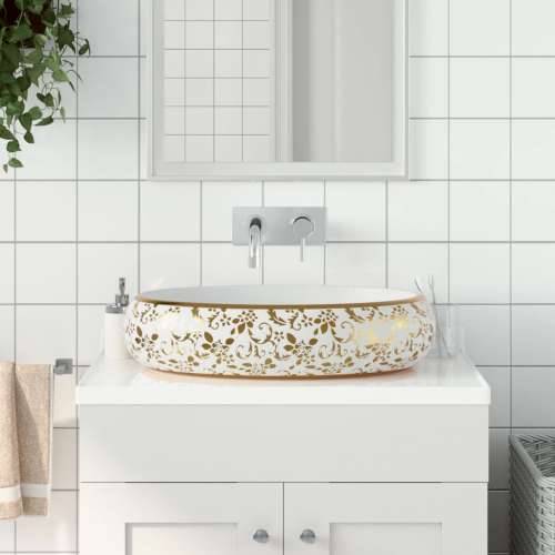 Nadgradni Lavabo - Umivaonik bijelo-zlatni ovalni 59x40x15 cm keramički - Bijela i zlatna 59 x 40 x 15 cm Cijena