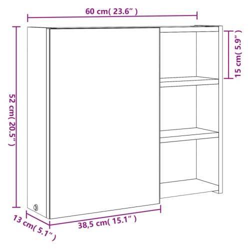 Kupaonski ormarić s ogledalom i LED svjetlom boja hrasta - Boja hrasta 60 x 13 x 52 cm 1 Cijena