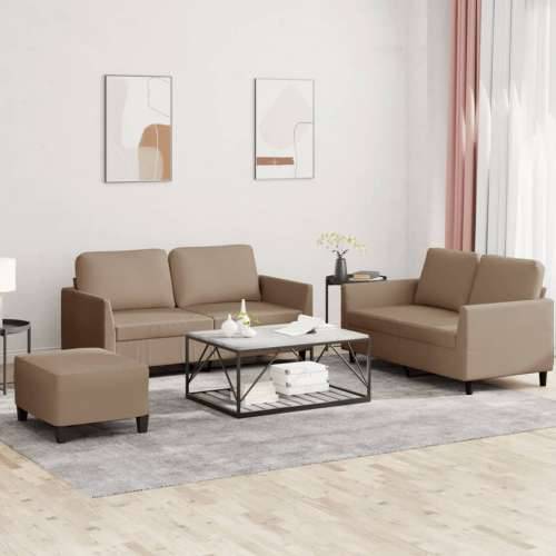 3-dijelni set sofa s jastucima boja cappuccina od umjetne kože - Boja cappuccina s jastučićima i tabureom Cijena