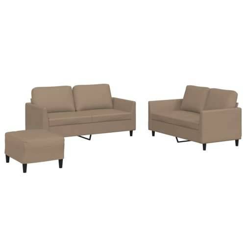 3-dijelni set sofa s jastucima boja cappuccina od umjetne kože - Boja cappuccina s jastučićima i tabureom Cijena