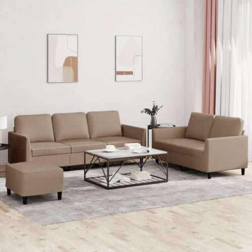 3-dijelni set sofa s jastucima boja cappuccina od umjetne kože - Boja cappuccina s jastučićima i tabureom Cijena