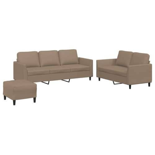 3-dijelni set sofa s jastucima boja cappuccina od umjetne kože - Boja cappuccina s jastučićima i tabureom Cijena