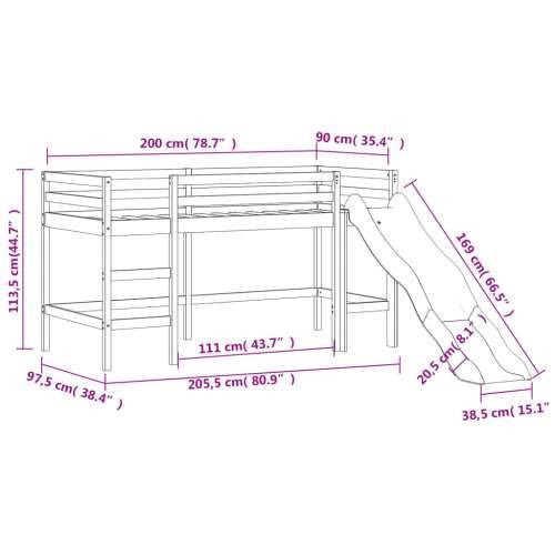 Dječji krevet na kat s toboganom bijeli 90x200 cm od borovine - Bijela 90 x 200 cm Cijena