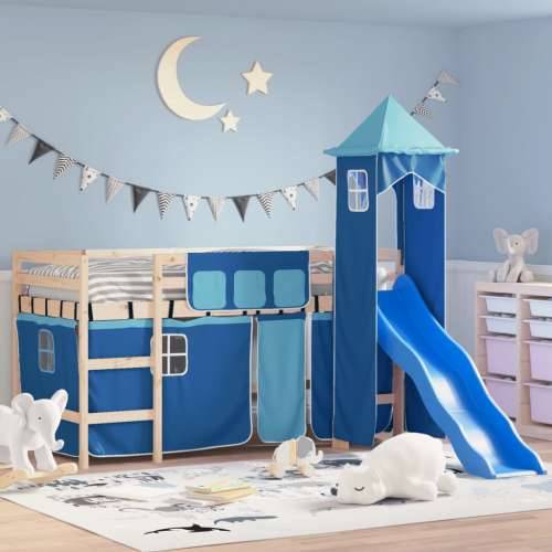 Dječji krevet na kat s tornjem plavi 90x200 cm masivna borovina Cijena