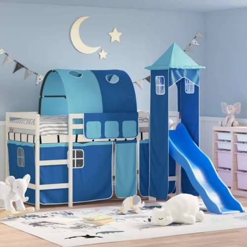 Dječji krevet na kat s tornjem plavi 90x200 cm masivna borovina Cijena