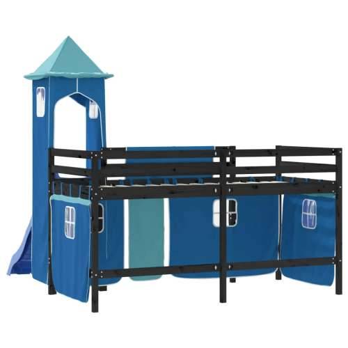 Dječji krevet na kat s tornjem plavi 90x190 cm masivna borovina - Crna i plava 90 x 190 cm Cijena