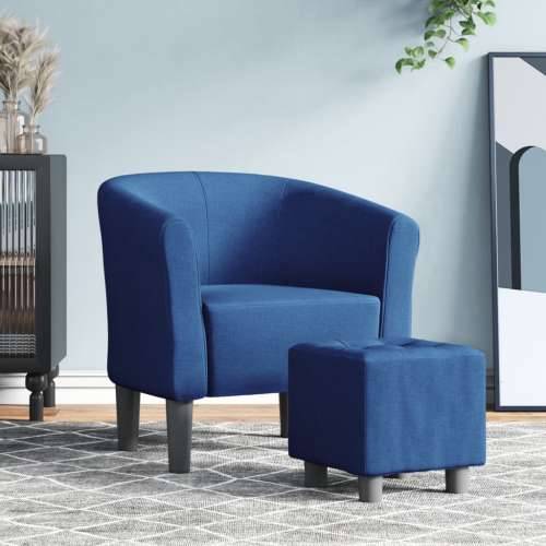 Zaobljena fotelja s tabureom plava od tkanine