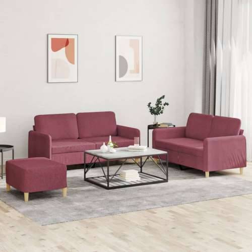 3-dijelni set sofa s jastucima crvena boja vina od tkanine - boja crnog vina S osloncem za noge Cijena