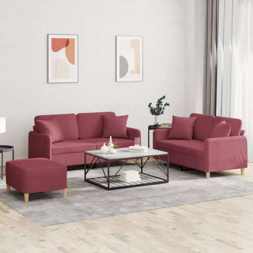 3-dijelni set sofa s jastucima crvena boja vina od tkanine - boja crnog vina s jastucima i tabureom Cijena