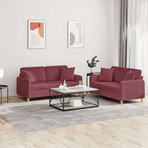 2-dijelni set sofa s jastucima crvena boja vina od tkanine - boja crnog vina s jastučićima Cijena