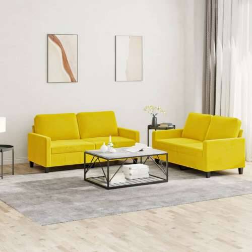 2-dijelni set sofa s jastucima žuti baršunasti - Žuta s jastučićima Cijena