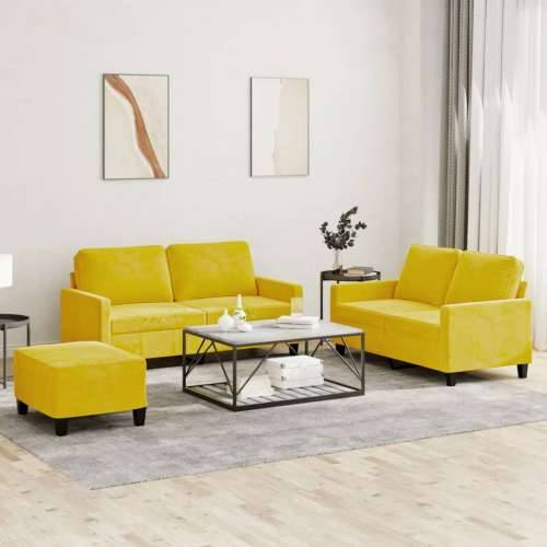 3-dijelni set sofa s jastucima žuti baršunasti - Žuta s jastučićima i tabureom Cijena